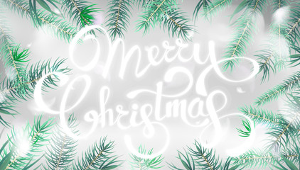 Winter white nature abstract background with fir tree and Merry Christmas text vector banner or greeting card design