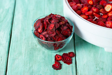 sliced strawberry on a fruit dryer rack