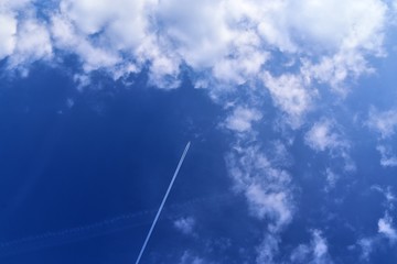 Detailed view on aircraft contrails in a deep blue sky