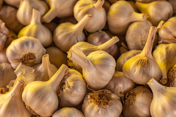 Numerous garlics in the market. Typical spicy Asian seasoning. Fresh garlic