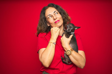 Middle age senior woman holding cute chihuahua dog over red isolated background serious face...