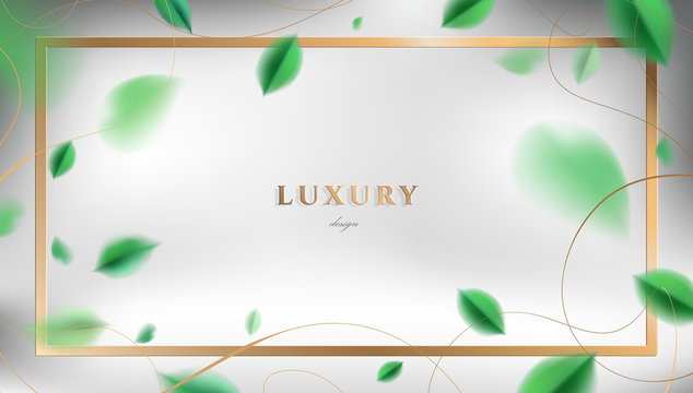 White luxury abstract background with flying green spring leaves and golden frame elegant decoration vector design