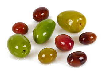 pickled black and green olives isolated on white