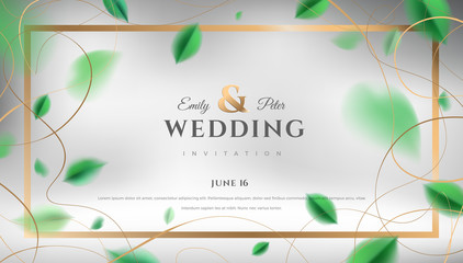Luxury wedding invitation background with green spring leaves and golden frame elegant decoration vector design