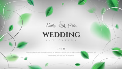Luxury wedding invitation background with green spring leaves and silver color elegant decoration vector design
