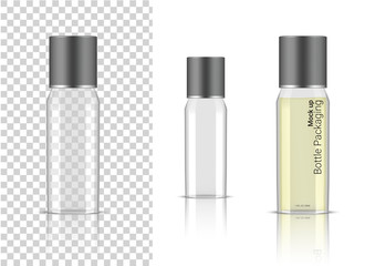 Transparent Bottle. 3D Mock up Realistic Cosmetic, Oil Serum, perfume for Skincare Product Health Care Packaging and Science With metallic Cap on  Background Illustration