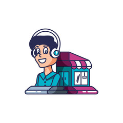 customer service agent with headset and store facade