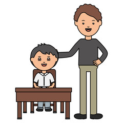 cute little student boy seated in schooldesk with teacher