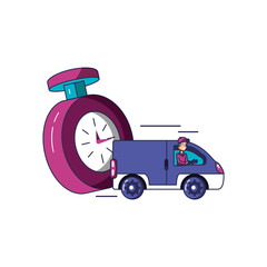 worker delivery service with van vehicle and chronometer