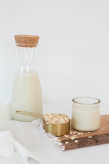 Homemade Oat Milk Glass and Oats with Jug of Milk, White Background, Copy Space