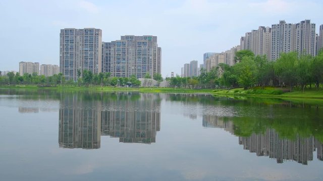The surrounding architectural landscape of Jincheng Lake Park in Chengdu, Sichuan Province, China