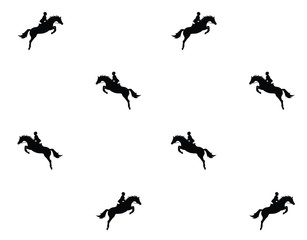 Vector seamless pattern of flat black show jumping horse and rider silhouette isolated on white background