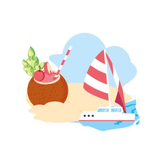sailboat travel in the beach with cocktail coconut