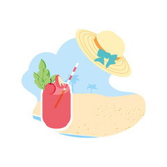 hat female wicker in the beach with glass of juice