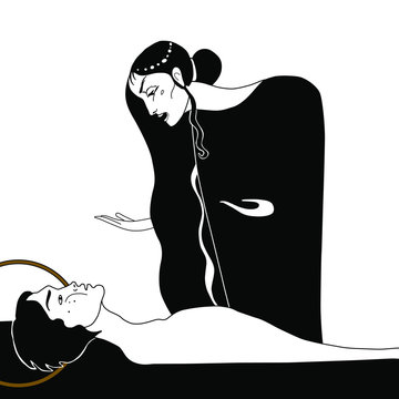 recommend clip art: Pieta. Goddess mourning over dead god. Male and female archetypes. Original style art.