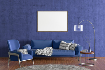 Blank poster on the wall in interior of living room
