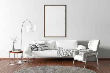 Blank poster on the wall in interior of living room