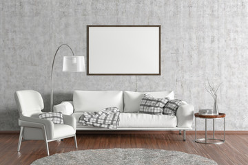 Blank poster on the wall in interior of living room