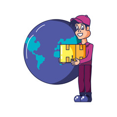worker delivery service with box and planet earth