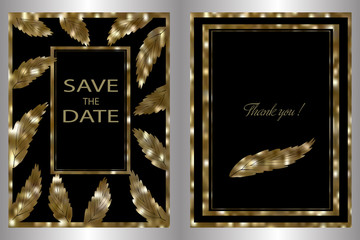 Fototapeta na wymiar Template for holiday card, invitation for wedding, birthday, anniversary or holiday greetings. Black background with golden frames and golden leaves. Vector.
