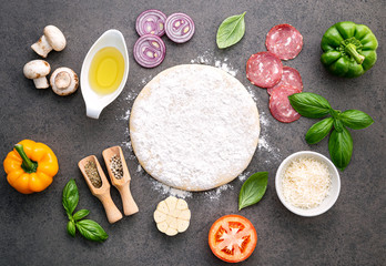 The ingredients for homemade pizza on dark stone background.