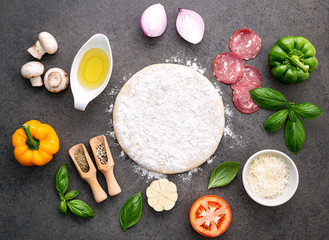 The ingredients for homemade pizza on dark stone background.