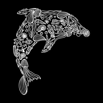 Sketch of marine life in the form of Dolphin isolated on black background. Hand drawn marine set. Doodle set