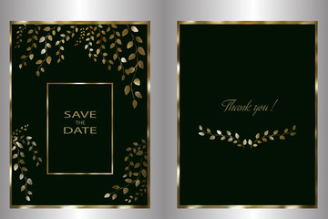  Holiday card template, invitation for a celebration, wedding, birthday, anniversary. With a golden frame and golden branches with leaves. Vector.