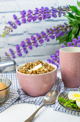 delicious buckwheat porridge with butter and boiled chicken egg, delicious and nutritious Breakfast, food close-up