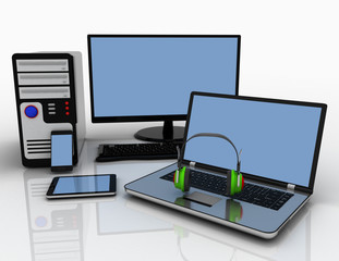 Computer devices and office equipment. 3d illustration