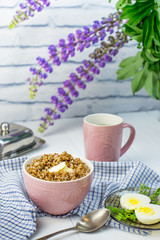 delicious buckwheat porridge with butter and boiled chicken egg, delicious and nutritious Breakfast, food close-up
