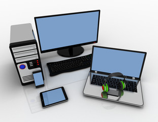 Computer devices and office equipment. 3d illustration