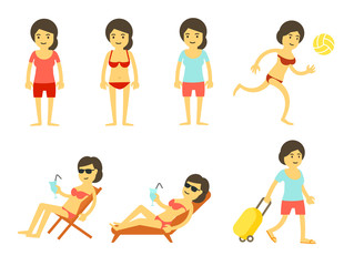 Cartoon beach holidays womans set tourists vacations at sea resort. Summer travel. Chaise lounge. Cartoon style.