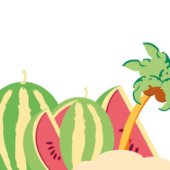 fresh watermelons with tropical palm in the beach