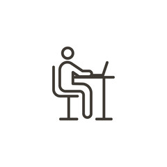 Character sitting at a table using the laptop computer icon. Trendy modern outline illustration.