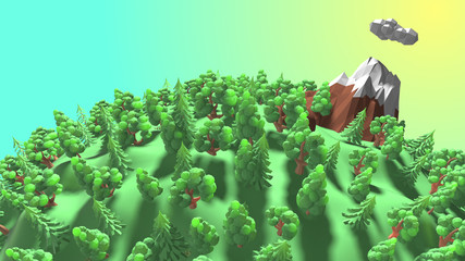 Cartoon world green forest in mountain valley with grass and trees low poly - 3D illustration rendering
