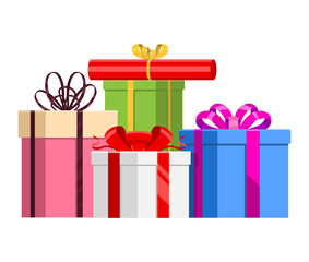 Gift box vector present packs for Christmas or Birthday Party card flat illustration celebration giftbox stack bow object isolated on white background