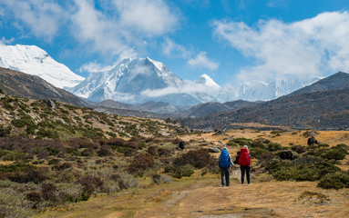 Tourist trekking in Sagarmatha national park with the beautiful view of Island peak (6,819 metres)...