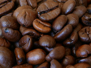 Close-up of Roasted Coffee Beans, Background With Selected Focus