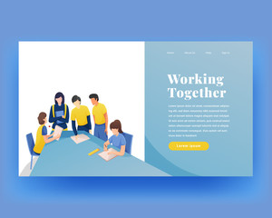 People working in friendly open space workplace. Coworking, freelance, teamwork, communication, interaction, idea, independent activity concept, violet palette. Website landing web page template.