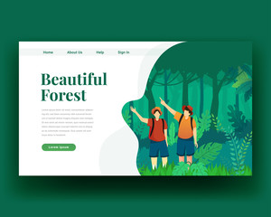 Two Character Walk at Forest with Backpack. Adventure Outdoor Vacation. Flat Cartoon Vector Illustration suitable for Website Page and Advertisement. Summer Landing Page. Holiday Illustration