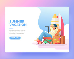 The bespectacled man is sitting relaxed. man is relaxed. Vector Cartoon Illustration. Gradient Flat Illustration. Summer Landing Page. Holiday Illustration