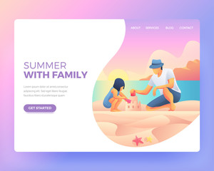 child playing with his father on the beach. playing at the beach. Vector Cartoon Illustration. Gradient Flat Illustration. Summer Landing Page. Holiday Illustration