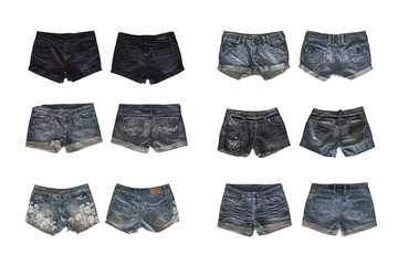 Denim shorts for female isolated on white background, with clipping path. front and back view
