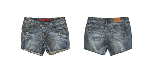 Denim shorts for female isolated on white background, with clipping path. front and back view