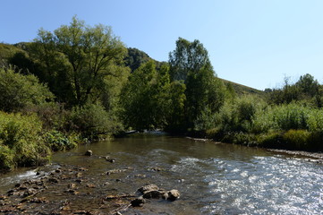 The mountain river Yarovka on the territory of the Altai Territory in Western Siberia. Russia