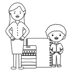 cute little student boy with female teacher and supplies