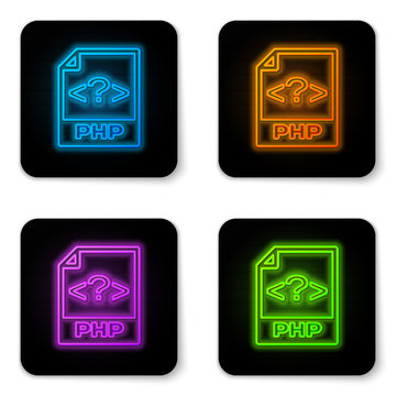 Glowing neon PHP file document icon. Download php button icon isolated on white background. PHP file symbol. Black square button. Vector Illustration