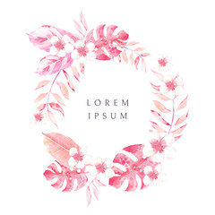 Watercolor wreath, tropical round frame with flowers and leaves.