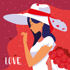 woman fashion with hat and bouquet in love poster